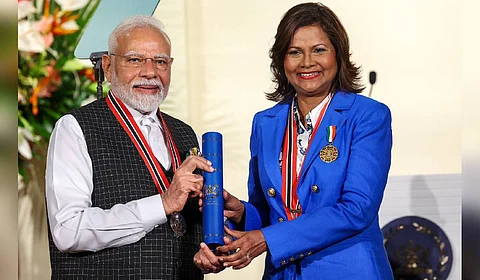President Christine Carla Kangaloo of Trinidad and Tobago conferred on Prime Minister Narendra Modi the Order of the Republic of Trinidad and Tobago.
