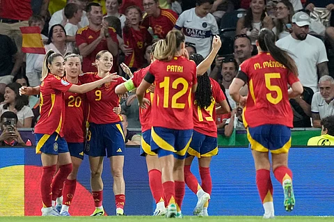 Spain's Esther Gonzalez, 3rd left, celebrates after scoring her side's fourth goal during the Euro 2025, group B, soccer match between Spain and Portugal at Stadion Wankdorf in Bern, Switzerland, Thursday, July 3, 2025.