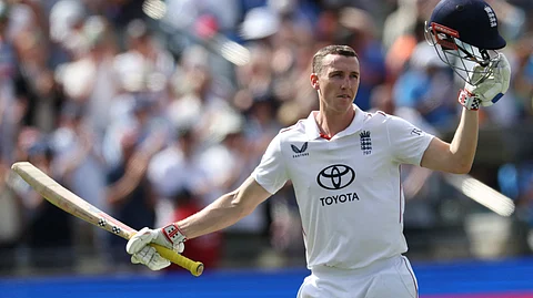 England's Harry Brook reacts as he walks back to the pavilion having lost his wicket for 158 on day three of the second cricket test match between England and India on July 4, 2025.