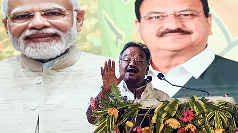 Newly elected BJP West Bengal President Samik Bhattacharya speaks during a felicitation ceremony in Kolkata, July 3, 2025.