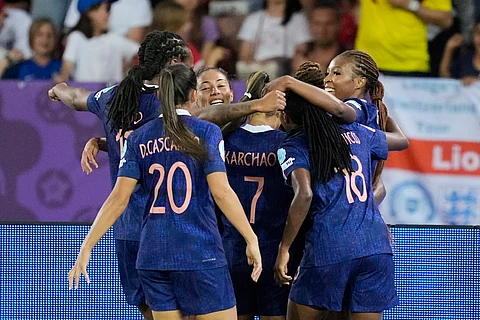 France players celebrate after Sandy Baltimore scored their second goal during the Euro 2025, group D, soccer match between France and England at Stadion Letzigrund in Zurich, Switzerland, Saturday, July 5, 2025.