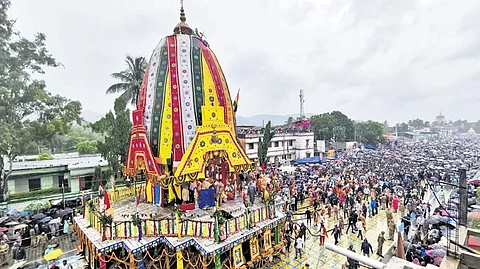Devotees take part in the Bahuda Yatra in Keonjhar.
