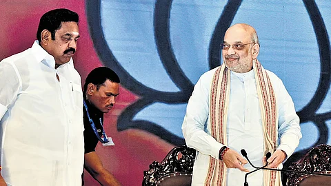 Union Home Minister Amit Shah with AIADMK general secretary Edappadi K Palaniswami at a press meet held in Chennai on Friday