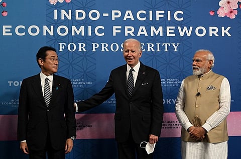 Japan's Prime Minister Fumio Kishida, US President Joe Biden, and India's Prime Minister Narendra Modi attend the Indo-Pacific Economic Framework for Prosperity at the Izumi Garden Gallery in Tokyo, May 23, 2022.