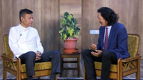 Tibet's exile leader Sikyong Penpa Tsering (L) speaks with RFA reporter Palden Gyal in an interview, May 20, 2022.