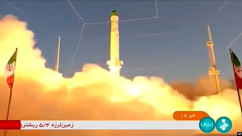 In this frame grab from video footage released Sunday, June 26, 2022 by Iran state TV, IRINN, shows an Iranian satellite-carrier rocket, called 'Zuljanah,' blasting off from an undisclosed location in Iran.