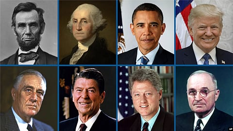 (From top left) Abraham Lincoln, George Washington, Barack Obama, Donald Trump, Franklin Roosevelt, Ronald Reagan, Bill Clinton and Harry Truman.