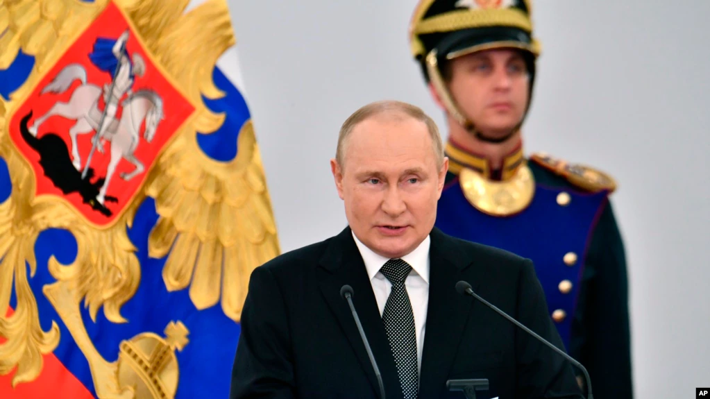Russian President Vladimir Putin speaks during the State Prize awards ceremony while marking Russia Day in Kremlin in Moscow, Russia, June 12, 2022.