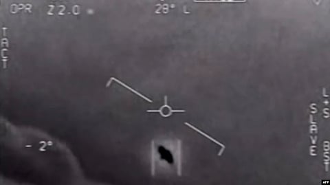 In this photo taken on April 28, 2020 this video grab image courtesy of the US Department of Defense shows part of an unclassified video taken by Navy pilots that have circulated for years showing interactions with "unidentified aerial phenomena.