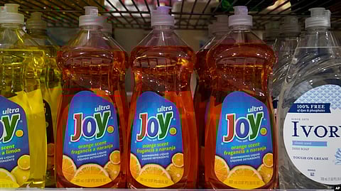 Plastic bottles of dish washing liquid are displayed at Compton's Market in Sacramento, California, June 17, 2022.