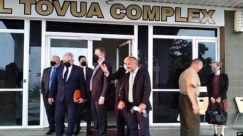 US National Security Council's Indo-Pacific coordinator Kurt Campbell (front L) leaves after a meeting with the Solomon Islands opposition leader Mathew Wale (3rd R) in Honiara on April 22, 2022.