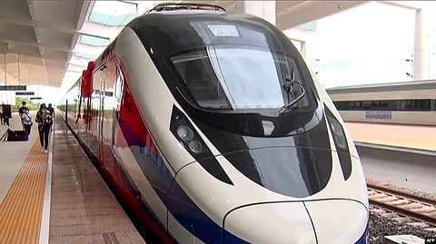 This frame grab from Lao National TV video footage taken on Oct.16, 2021, via AFPTV shows the Lane Xang bullet train at the Vientiane Railway Station in Vientiane, Laos. A new $6 billion Chinese-built railway line opened in Laos on Dec. 3, 2021.