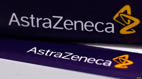 The logo of AstraZeneca is seen on medication packages in a pharmacy in London. Apr. 28, 2014.