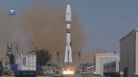 A Soyuz-2.1b rocket booster with the Iranian satellite Khayyam blasts off from the launchpad at the Baikonur Cosmodrome, Kazakhstan, Aug. 9, 2022, in this still image taken from video.