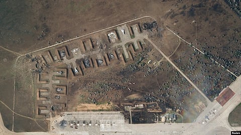 A satellite image shows destroyed Saky air base in Crimea, Aug. 10, 2022.