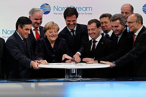 Ceremony of opening of gasoline Nord Stream. Among others Angela Merkel and Dmitry Medvedev (File Photo)