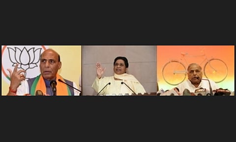 Left: Rajnath Singh; Center: Mayawati; Right: Mulayam Singh Yadav.
