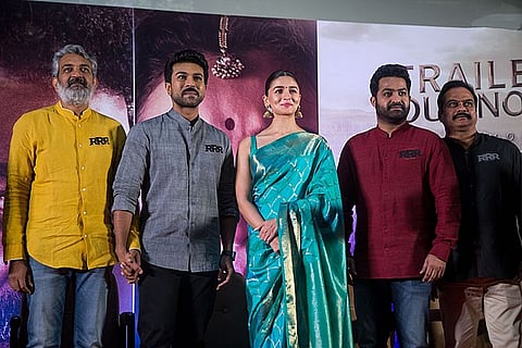 SS Rajamouli, 'Megastar' Ram Charan, Alia Bhatt, N.T.Rama Rao Jr. At The 'RRR' Press Meet in Chennai. (File Photo)