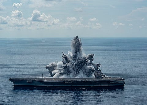 The aircraft carrier USS Gerald R. Ford (CVN 78) successfully completes the third and final scheduled explosive event of Full Ship Shock Trials while underway in the Atlantic Ocean, Aug. 8, 2021. (File Photo)