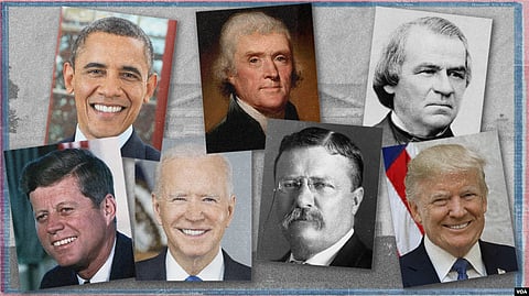 Clockwise from upper left: Barack Obama, Thomas Jefferson, Andrew Johnson, Donald Trump, Teddy Roosevelt, Joe Biden, John F. Kennedy.