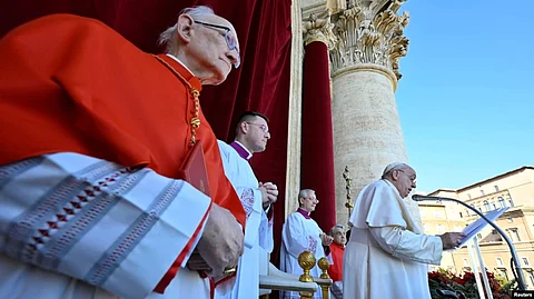Pope Francis delivers his traditional Christmas Day Urbi et Orbi message to the city and the world from the main balcony of St. Peter's Basilica at the Vatican, Dec. 25, 2022. (Vatican Media/Handout via Reuters)