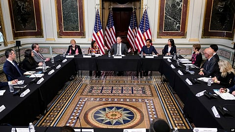 Doug Emhoff, center, the husband of Vice President Kamala Harris, speaks during a roundtable discussion with Jewish leaders about the rise in antisemitism, at the Eisenhower Executive Office Building on the White House Campus in Washington, Dec. 7, 2022. (AP)