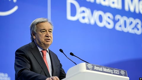 Secretary-General of the United Nations Antonio Guterres speaks at the World Economic Forum in Davos, Switzerland, Jan. 18, 2023. (AP)