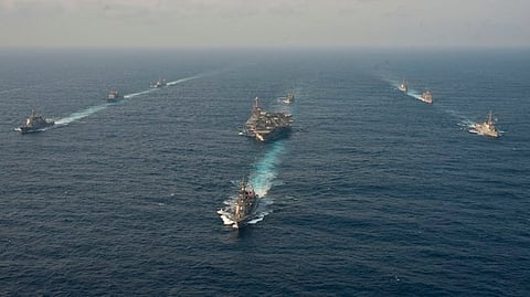 Ships from the USS George Washington Carrier Strike Group, the Japanese Maritime Self-Defense Force and the Republic of Korea navy seen underway during a trilateral exercise on June 22, 2012. (U.S. Navy)