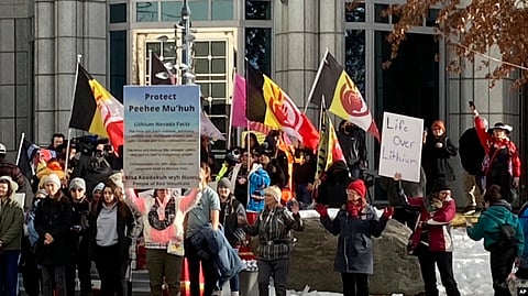 Tribe members and other protesters rally in front of the federal courthouse in Reno, Nevada, Jan. 5, 2023, as a court hearing began over a lawsuit seeking to block a lithium mine planned about 200 miles north of Reno. (AP)