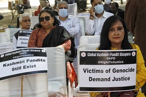 Delhi: Members of Global Kashmir Pandit Diaspora(GKPD) hold a protest demanding justice for the victims of exodus of Kashmiri Hindus at Jantar Mantar in New Delhi on Saturday March 12,2022 (Photo: Wasim Sarvar/IANS)