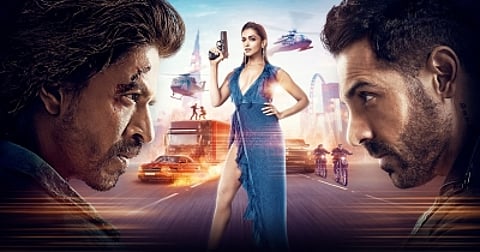 Shahrukh Khan and Deepika Padukone-starrer 'Pathaan' in theatres. (IANS)