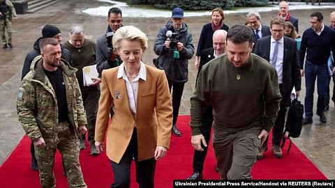 European Commission President Ursula von der Leyen (center left) meets with Ukrainian President Volodymyr Zelenskiy (center right) in Kyiv on February 2. (Reuters)