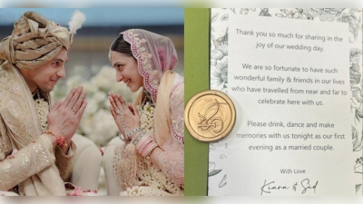 In the note, Sidharth Malhotra and Kiara Advani penned: "Thank you so much for sharing in the joy of our wedding day. We are so fortunate to have such wonderful family and friends in our lives who have traveled from near and far to celebrate here with us." (IANS)