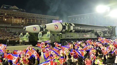 Missiles are displayed during a military parade to mark the 75th founding anniversary of North Korea's army, at Kim Il Sung Square in Pyongyang, North Korea Feb. 8, 2023. (North Korea's Korean Central News Agency via Reuters)
