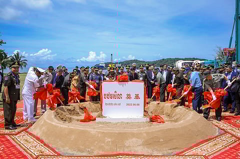 Cambodian Defense Minister Tea Banh, rear center left, and Chinese Ambassador to Cambodia Wang Wentian, rear center right, preside over the groundbreaking ceremony in Ream Cambodian Naval Base of Sihanoukville, June 8, 2022. Credit: Cambodia’s Fresh News via AP