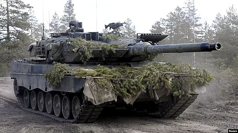 A Leopard battle tank takes part in a training exercise at the Niinisalo garrison in Kankaanpaa, Finland, May 4, 2022. (Reuters)