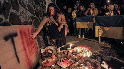 FILE - People demonstrate outside the Iranian Embassy in Ukraine on Oct. 17, 2022, in Kyiv, after the city was hit by swarms of kamikaze drones sold by Iran to Russia, leaving at least three dead. (AFP)