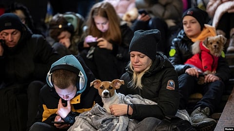 People take shelter inside a metro station during massive Russian missile attacks in Kyiv, Ukraine, Feb. 10, 2023. (Reuters)
