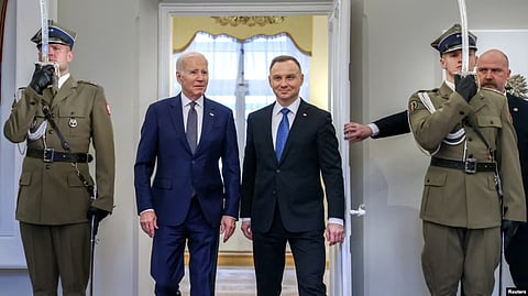 U.S. President Joe Biden is welcomed by Polish President Andrzej Duda at the Presidential Palace in Warsaw, Poland, Feb. 21, 2023. (Reuters)