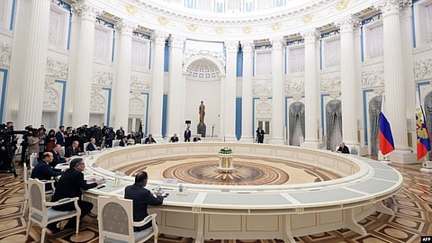 Russian President Vladimir Putin chairs a meeting with secretaries of foreign security councils on Afghan issues at the Kremlin in Moscow, Feb. 8, 2023. (AFP)