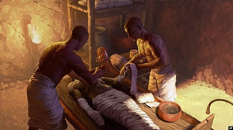 This illustration provided by Nikola Nevenov in January 2023 depicts an embalming process in an underground chamber in Saqqara, Egypt. For thousands of years, ancient Egyptians mummified their dead to help them reach eternal life. (AP)