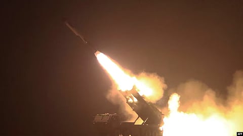 Feb. 23, 2023, photo released by North Korea's official Korean Central News Agency (KCNA) on Feb. 24 shows strategic cruise missile Hwasal-2 launching in North Hamgyong Province. (AFP/KCNA via KNS) 