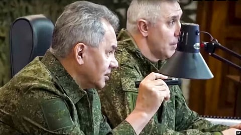 In this photo taken from video released by the Russian Defense Ministry Press Service on March 4, 2023, Russian Defense Minister Sergei Shoigu speaks as he inspects Russian troops at an undisclosed location in Ukraine. (AP)