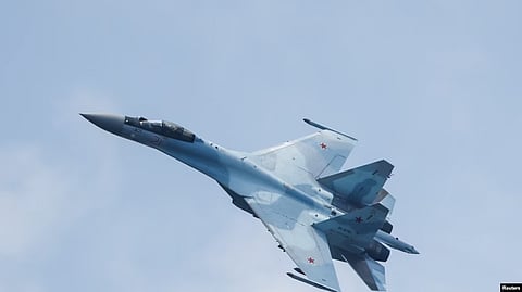 FILE - A Russian Sukhoi Su-35S jet fighter performs a flight during the Aviadarts competition, as part of the International Army Games 2021, at the Dubrovichi range outside Ryazan, Russia, August 27, 2021. (Reuters)