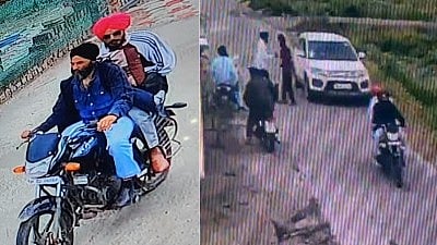 CCTV footage released by authorities allegedly shows Amritpal Singh as a pillion rider, being driven off by one of his associates. (CCTV/IANS)