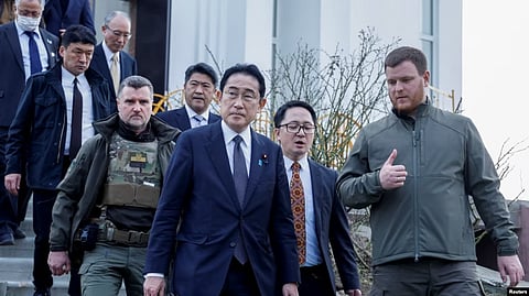 Japanese Prime Minister Fumio Kishida visits a church at site of a mass grave in the town of Bucha, Ukraine March 21, 2023. (Reuters)
