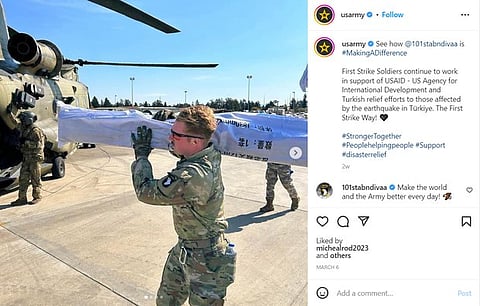 The official Instagram account of the U.S. Army posted a photo on March 7, 2023, showing a soldier carrying a white bag labeled in simplified Chinese, “Disaster response. Quantity: 1 set.” (RFA screenshot)