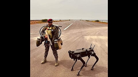 Indian Army's SF operative equipped with a 'jetpack suit' and a 'Robotic Dog'. (File Photo/IANS)