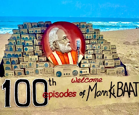 He also created a sand sculpture of the Prime Minister with 100 sand radios. Students from his sand art school joined him to complete the sculpture. [IANS[