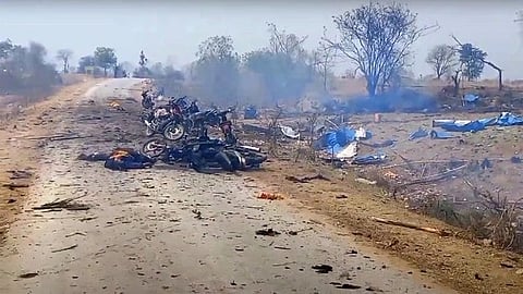 the aftermath of the Myanmar junta’s shelling and airstrikes on Pa Zi Gyi village, Kanbalu township, Sagaing region on Tuesday, April 11, 2023.